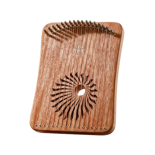 Lyre en bois Sonora-Mundi à 17 cordes avec rosace soleil sculptée.