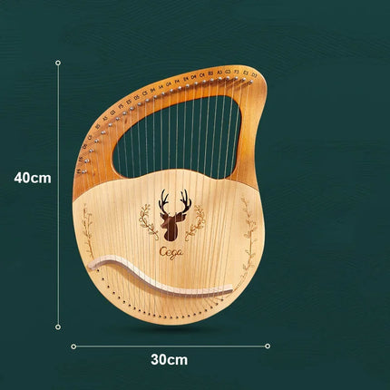 Lyre en bois gravée cerf, 16 cordes, instrument Sonora-Mundi, dimensions 40x30cm