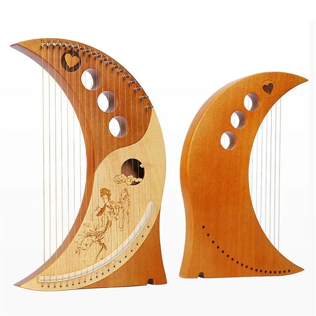 Lyre en bois en forme de croissant, motif gravé, instrument Sonora-Mundi, vue face et dos