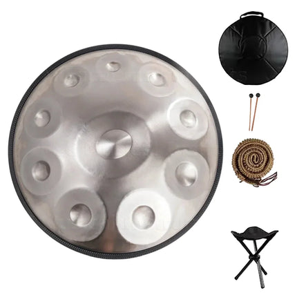 Handpan métal argenté avec housse, baguettes, sangle et tabouret, instrument Sonora-Mundi