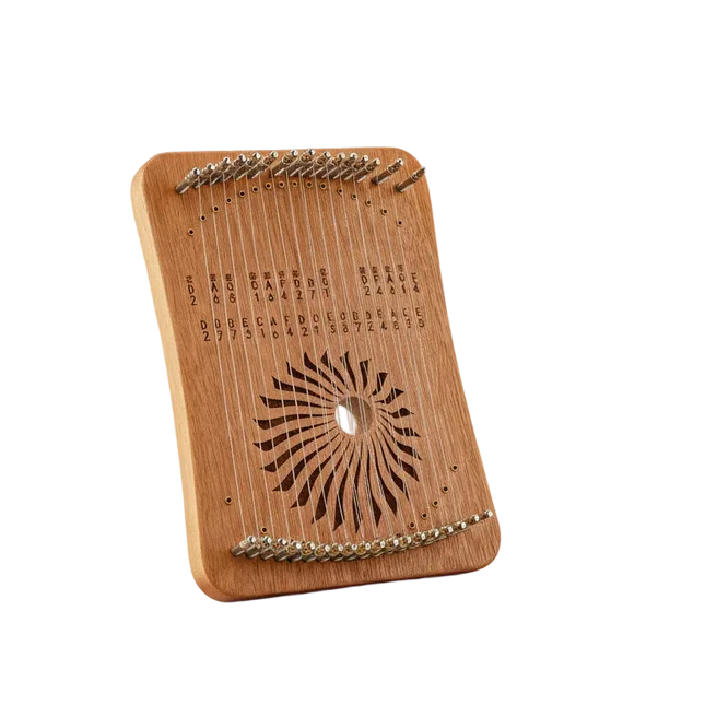 Lyre en bois à 16 cordes Sonora-Mundi, motif soleil découpé sur la table d'harmonie