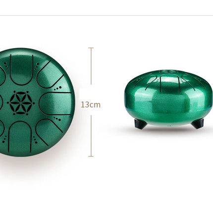 Steel tongue drum vert 13 cm Sonora-Mundi, vu de dessus et de côté, instrument musique.