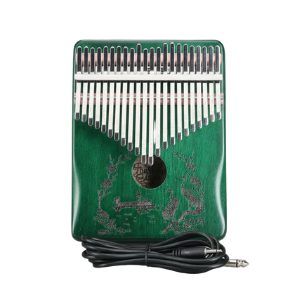 Kalimba vert électrique Sonora-Mundi avec motif gravé, câble jack inclus, fond noir