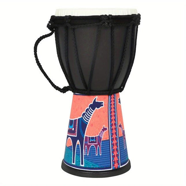 Djembe coloré motif lama, instrument de musique Sonora-Mundi, fond blanc