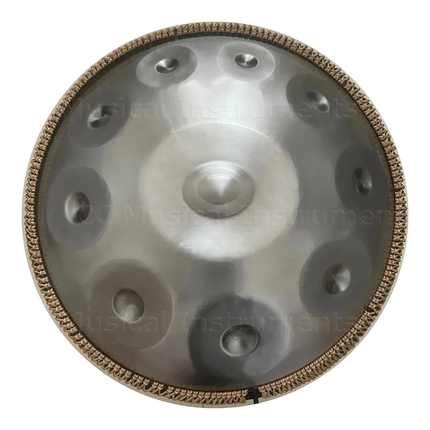 Handpan chromé Sonora-Mundi, instrument de musique métallique, vue de dessus