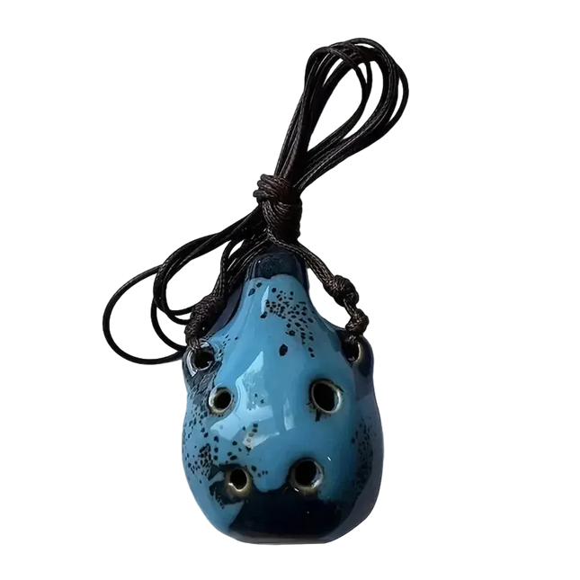 Ocarina bleue en céramique Sonora-Mundi avec cordon, fond noir