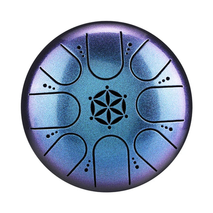 Tambour à langue bleu irisé Sonora-Mundi, motif géométrique central, vue de dessus