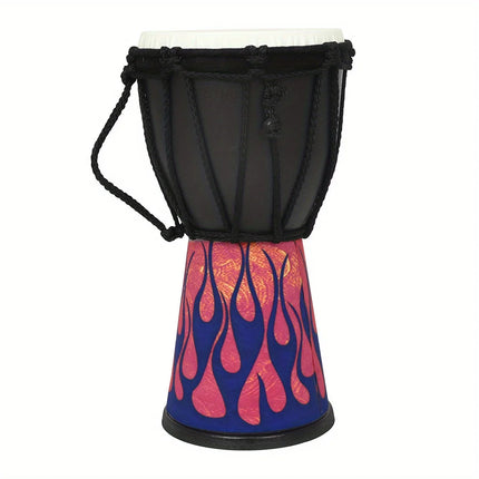 Djembe africain Sonora-Mundi, fût décoré flammes roses et bleues, peau synthétique noire