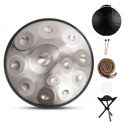 Handpan argent avec accessoires, sac de transport, baguettes, corde, tabouret, Sonora-Mundi