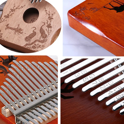 Kalimba bois Sonora-Mundi avec motifs gravés, touches métalliques, détails d'oiseaux et nature