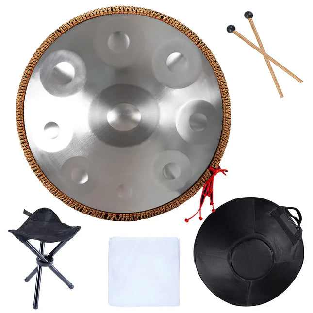 Handpan argenté avec maillets, housse, tabouret pliant et chiffon, Sonora-Mundi
