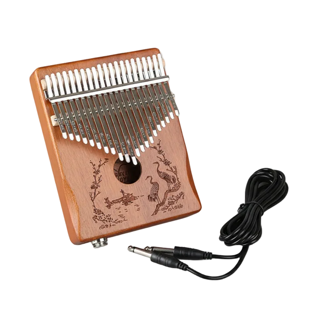 Kalimba en bois Sonora-Mundi avec câble jack, gravure oiseaux et décor naturel.