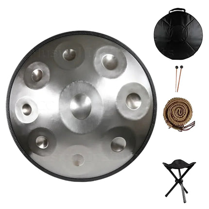 Handpan en acier Sonora-Mundi avec housse, baguettes, corde et tabouret pliant