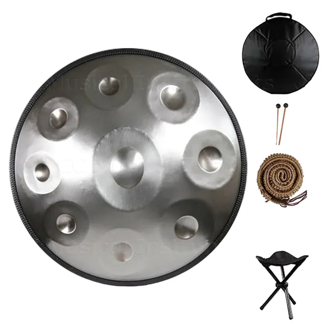 Handpan en acier Sonora-Mundi avec housse, baguettes, corde et tabouret pliant