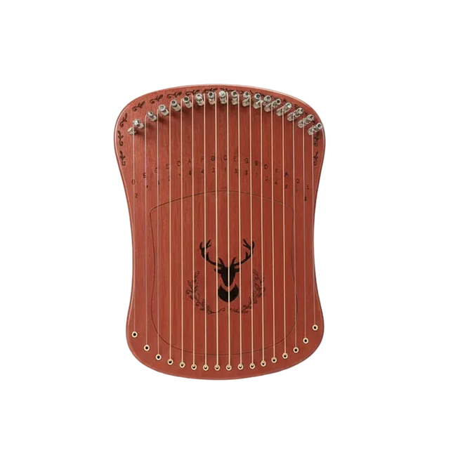 Lyre en bois Sonora-Mundi à 16 cordes, motif cerf sur la table d'harmonie