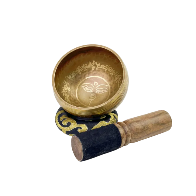 Bol tibétain doré Sonora-Mundi avec maillet en bois, motif gravé, coussin décoratif noir et or