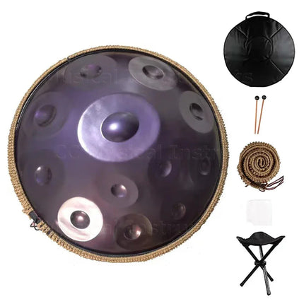 Handpan métal violet avec housse, mailloches, sangle et tabouret, Sonora-Mundi
