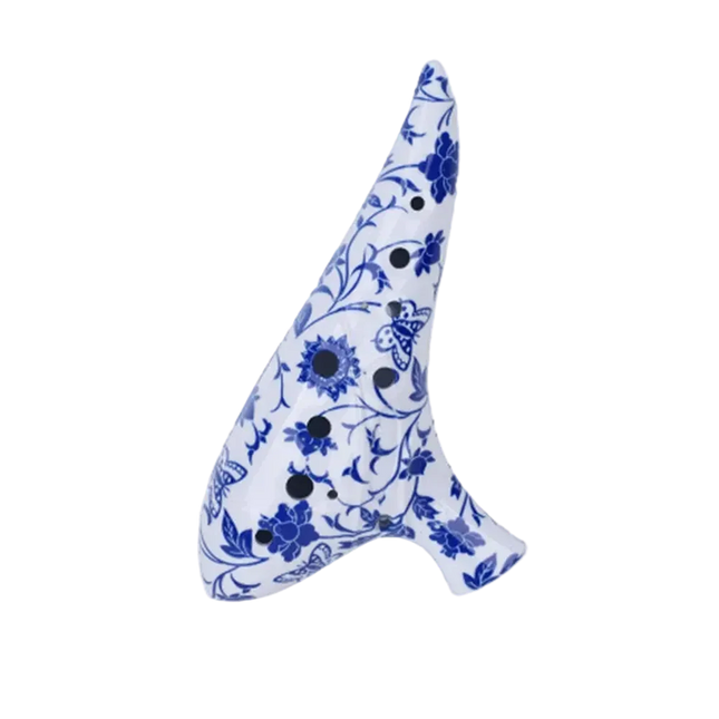 Ocarina en céramique blanche décorée de motifs floraux bleus Sonora-Mundi