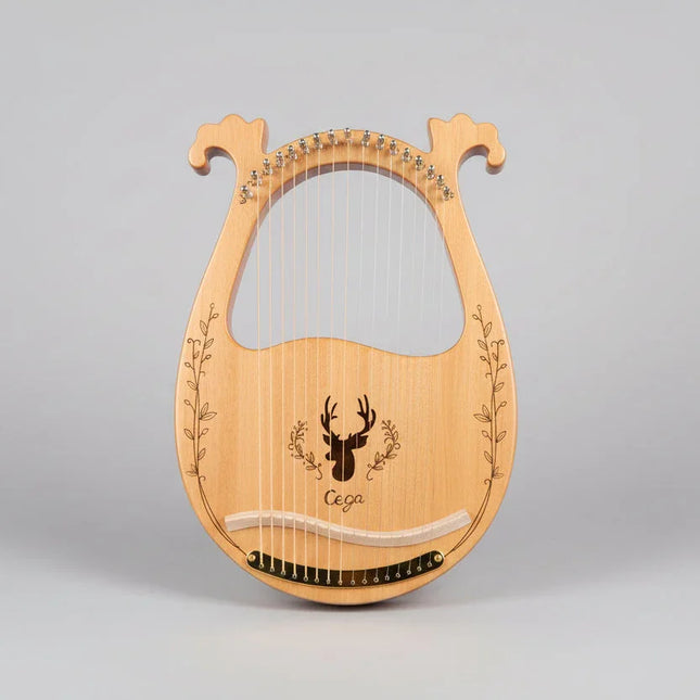 Lyre en bois décorée, instrument Sonora-Mundi avec motif de cerf sur fond gris
