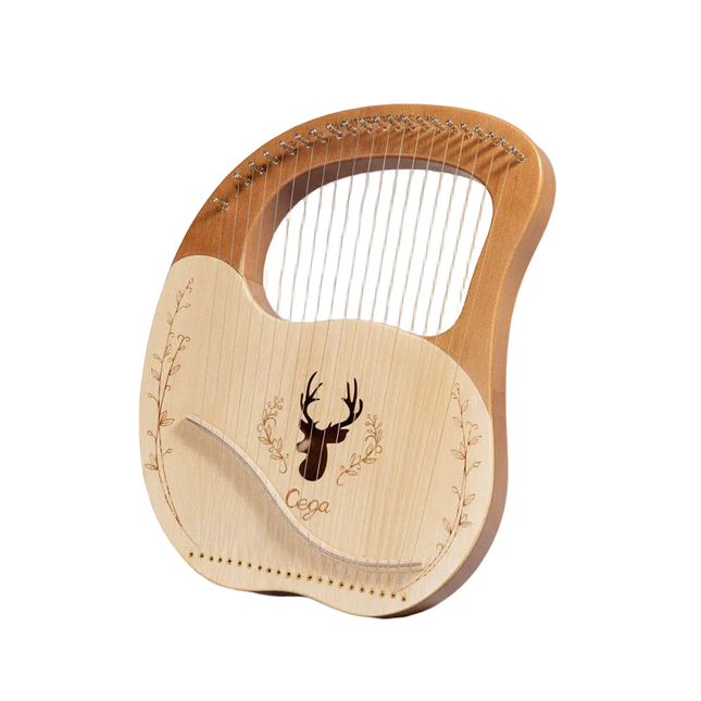 Lyre bois décorative Sonora-Mundi motif cerf, instrument à cordes sur fond noir