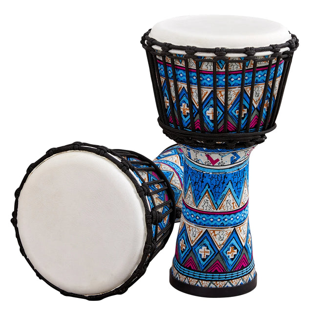 Djembé Sonora-Mundi aux motifs ethniques bleu et blanc, instruments de percussion artisanaux