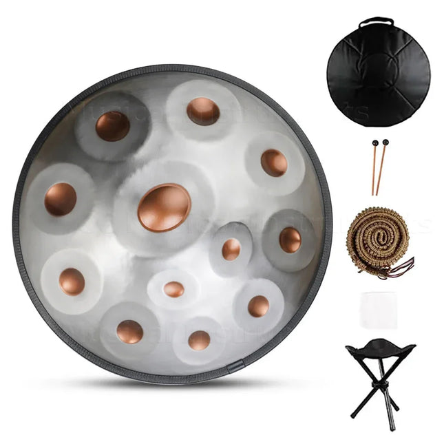 Handpan en métal Sonora-Mundi avec accessoires, housse, maillets, corde et tabouret pliant