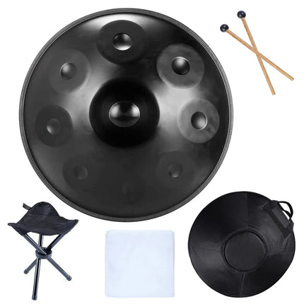 Handpan noir avec baguettes, housse, chiffon et tabouret pliant, Sonora-Mundi
