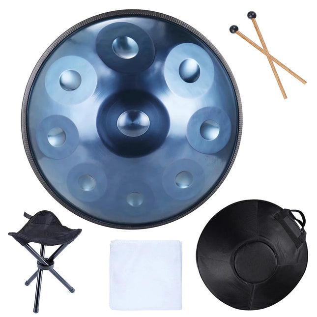 Set handpan bleu avec housse, baguettes, chiffon et tabouret, Sonora-Mundi