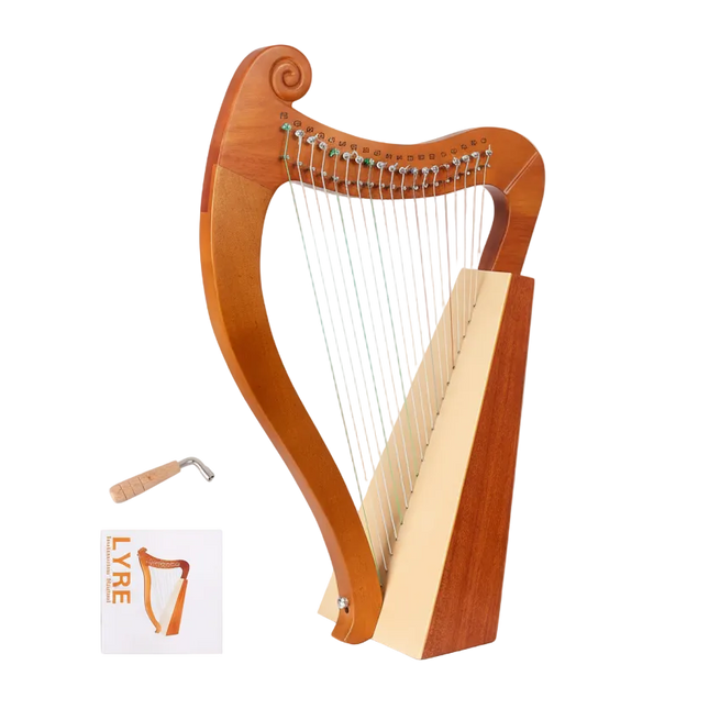 Lyre en bois Sonora-Mundi avec clé d’accordage et livret sur fond blanc