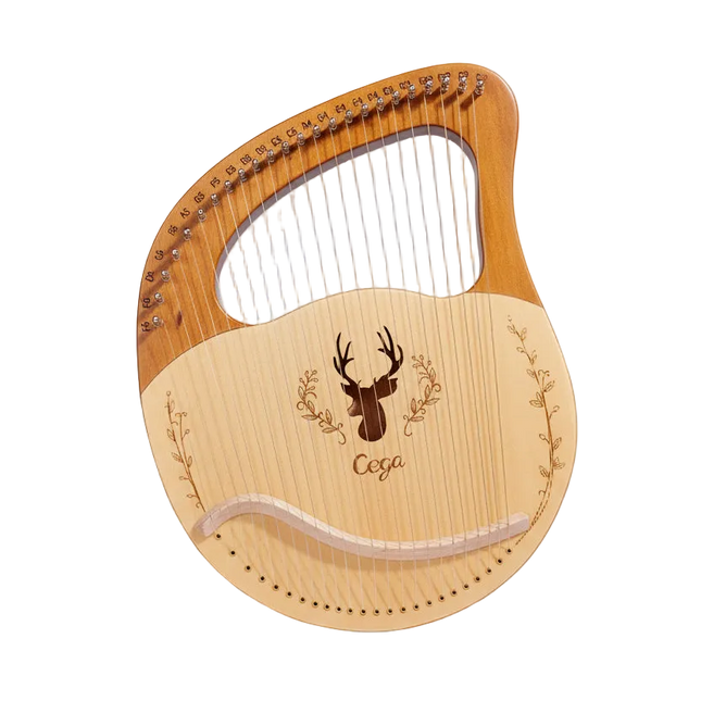 Lyre en bois gravée tête de cerf, instrument de musique artisanal Sonora-Mundi